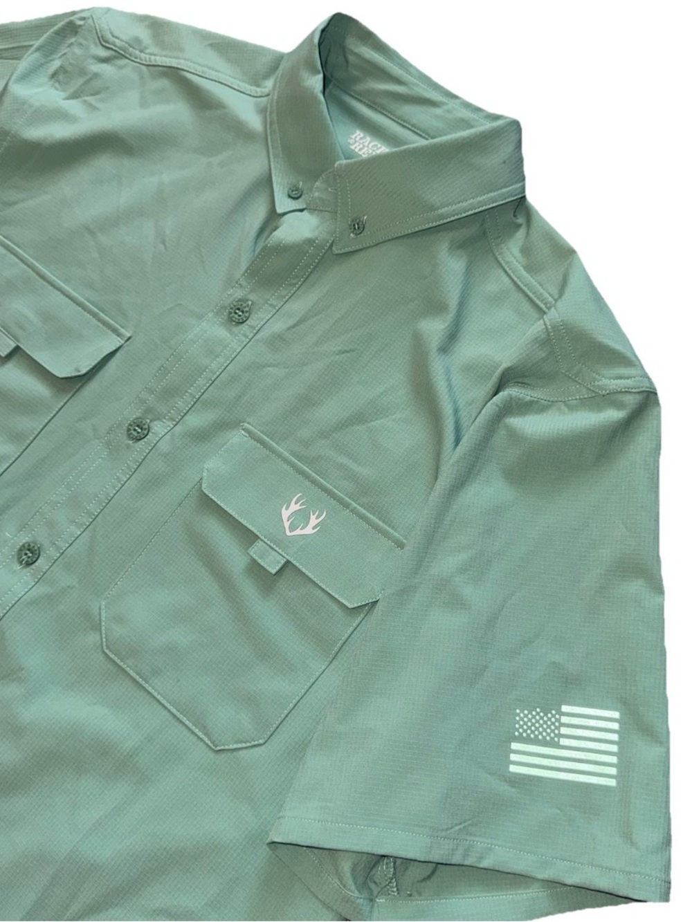 Racks & Reels Men's Short-Sleeve Technical Fishing Shirt USA Flag Mint Green M